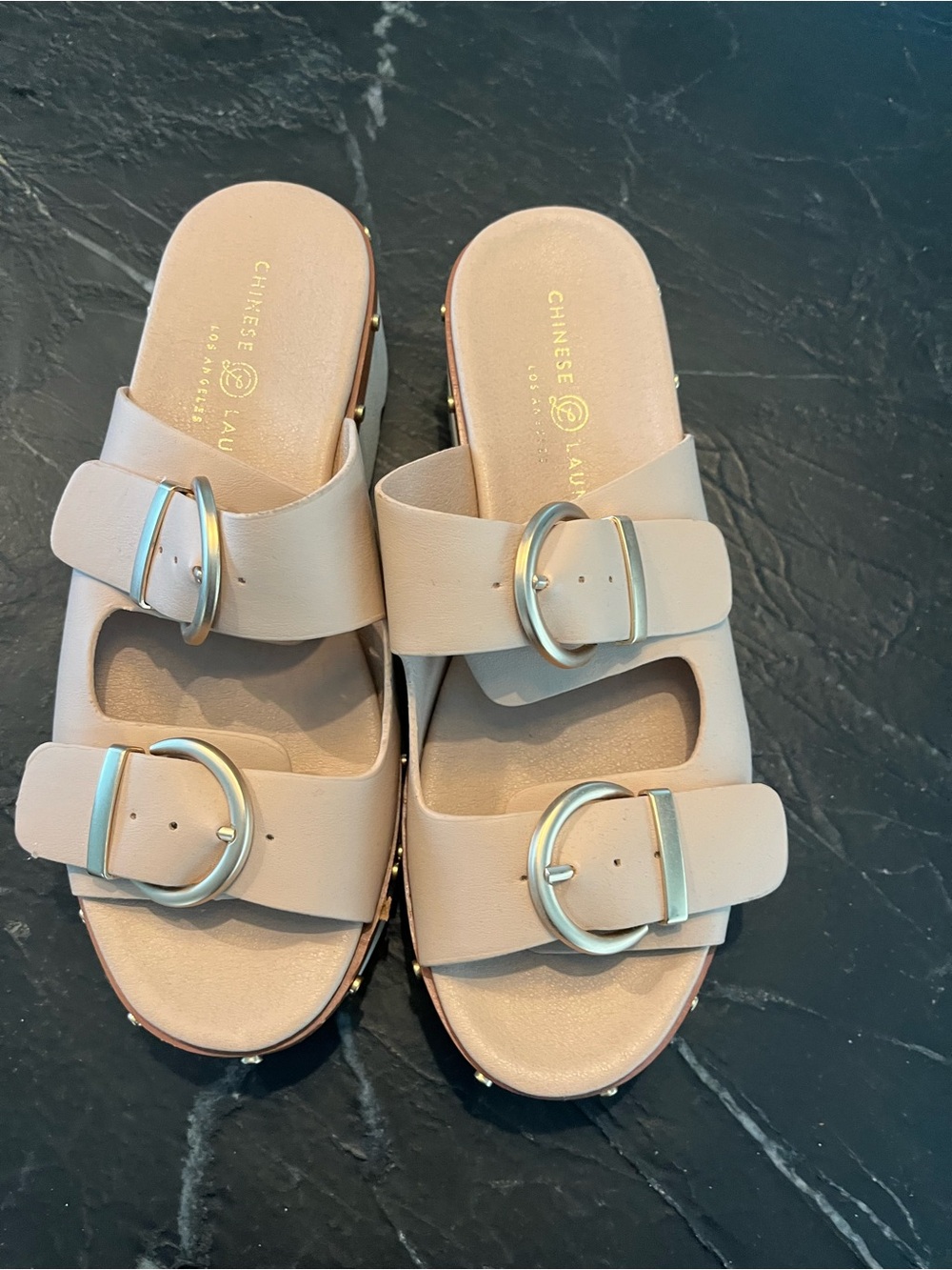Chinese Laundry Neutral Tan Double-Buckle Slide Mules